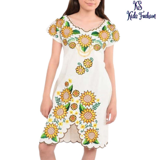 Vestido Bordado de Niña KS-77130 Hueso - Embroidered Dress for kids