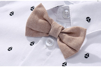 Traje para Niño y Bebe Newborn Baby Boy Gentleman Suit White Shirt with Bow Tie+Romper+Suspenders Shorts 3Pcs Formal Kids Clothes Set Mono Beige